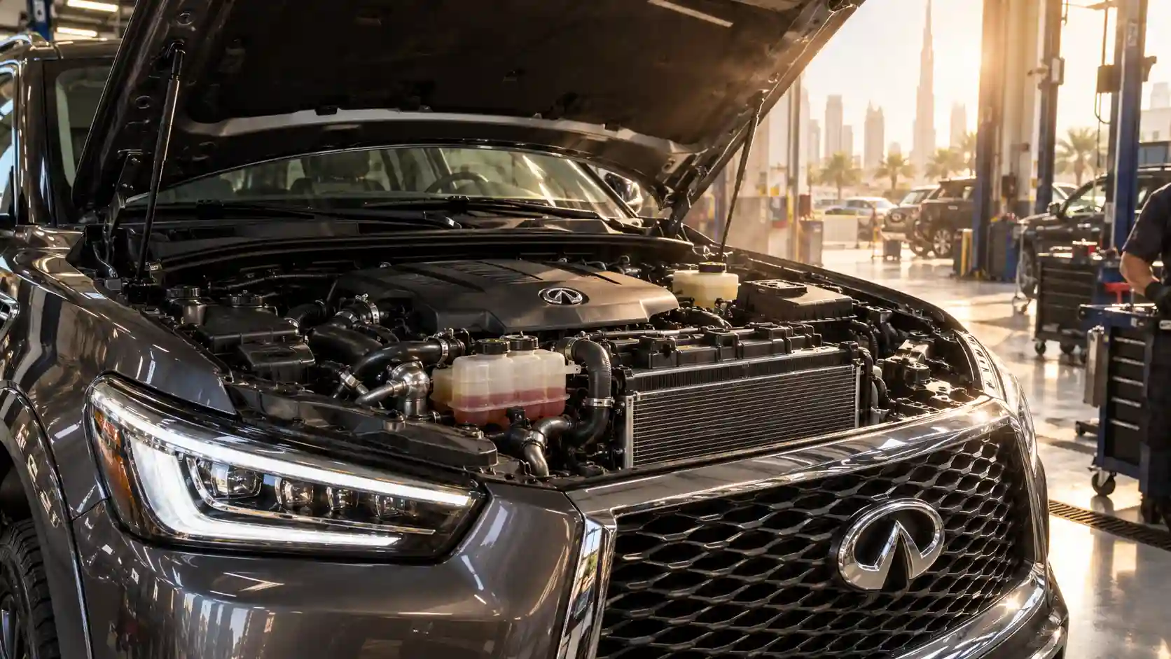 Open engine bay of an Infiniti SUV showing the radiator and coolant reservoirs in a workshop