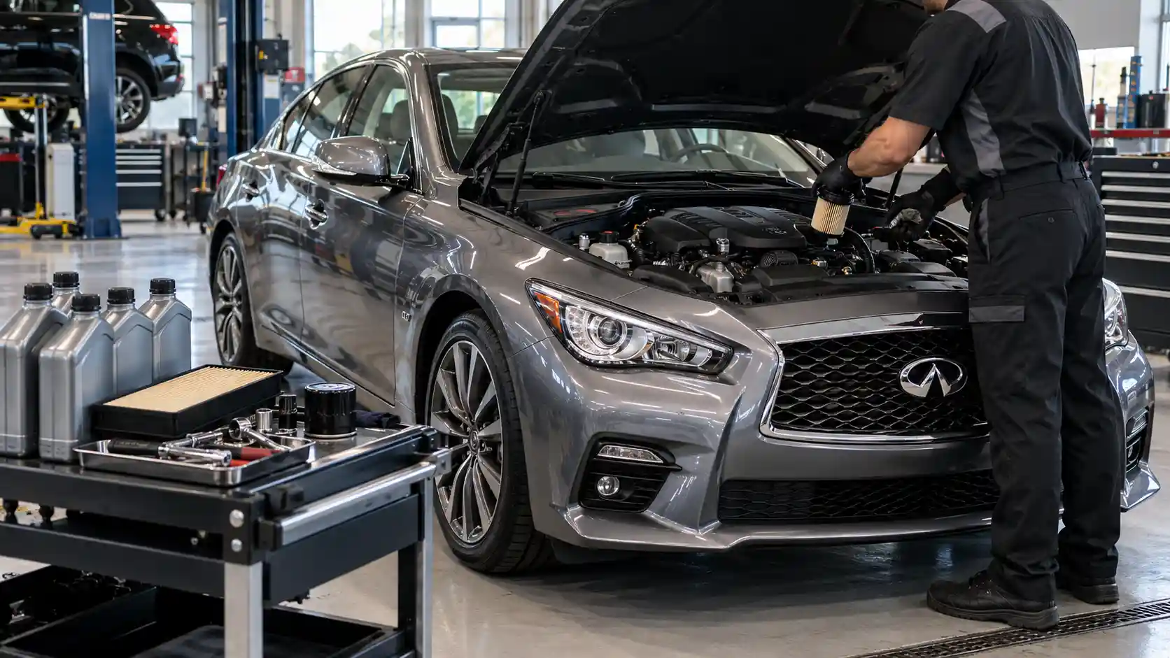 Technician fitting a new filter to an Infiniti Q50 with oil and an air filter ready on the service cart