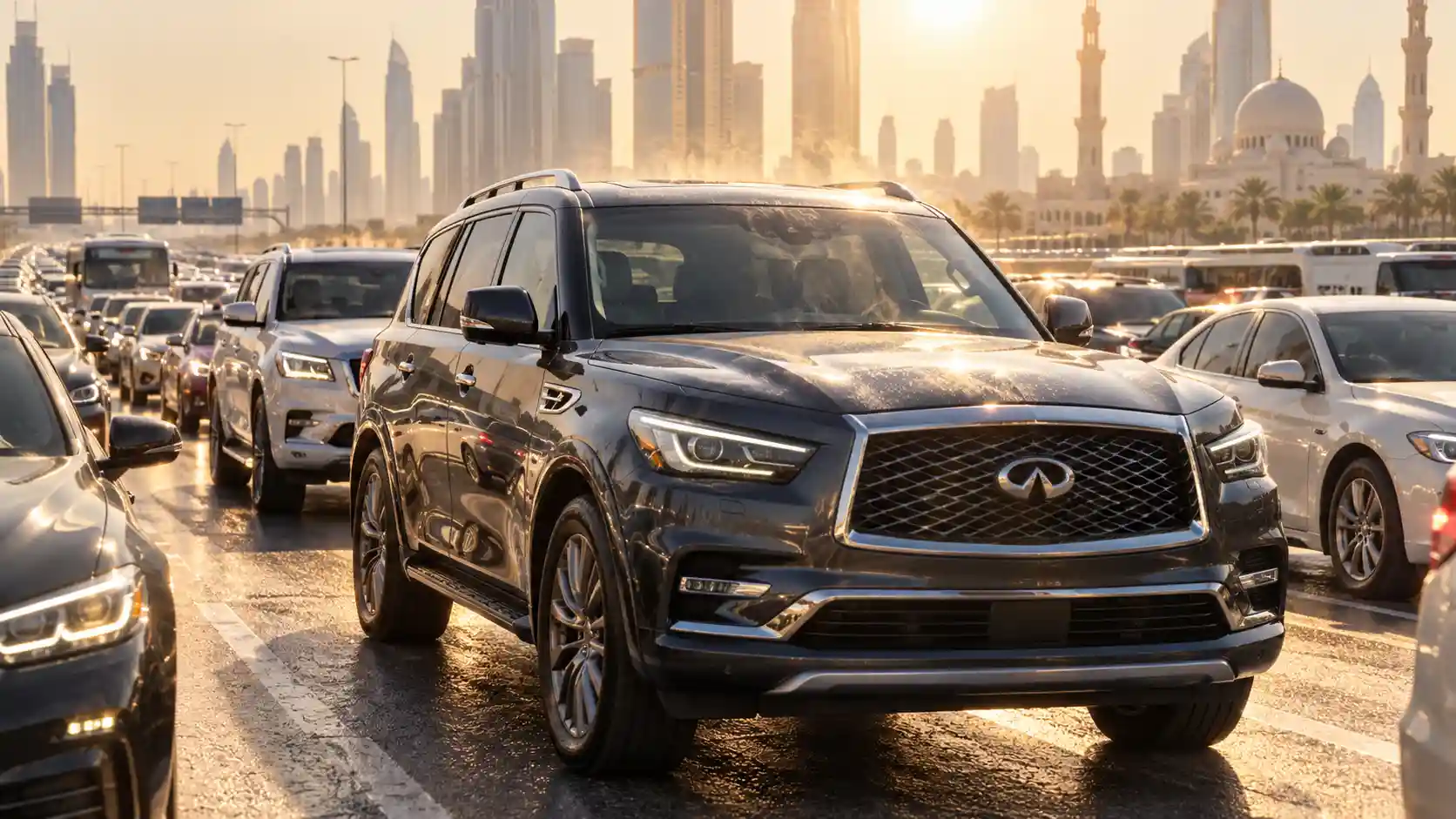 Infiniti QX80 in slow-moving Abu Dhabi traffic under the afternoon sun