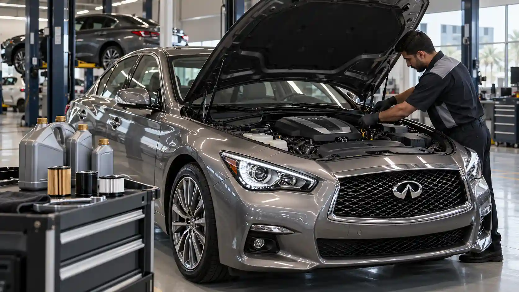Technician checking the engine of an Infiniti Q50 beside new oil and filters in the workshop