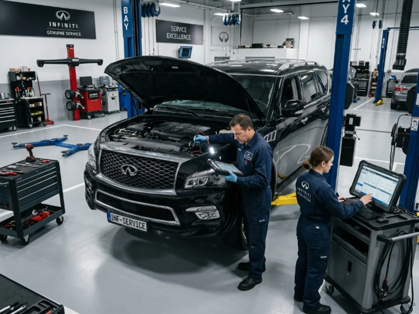 Infiniti technicians running diagnostics on an Infiniti QX80 at the Mussafah workshop